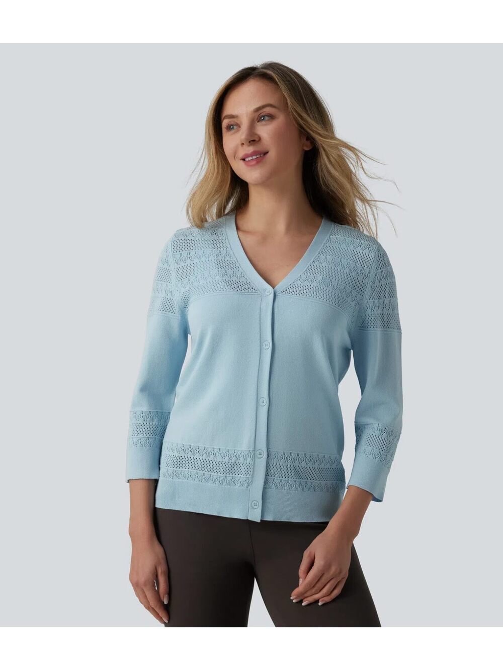 Halara V-neck Button Fly Crochet Work Cardigan Blue Size Large